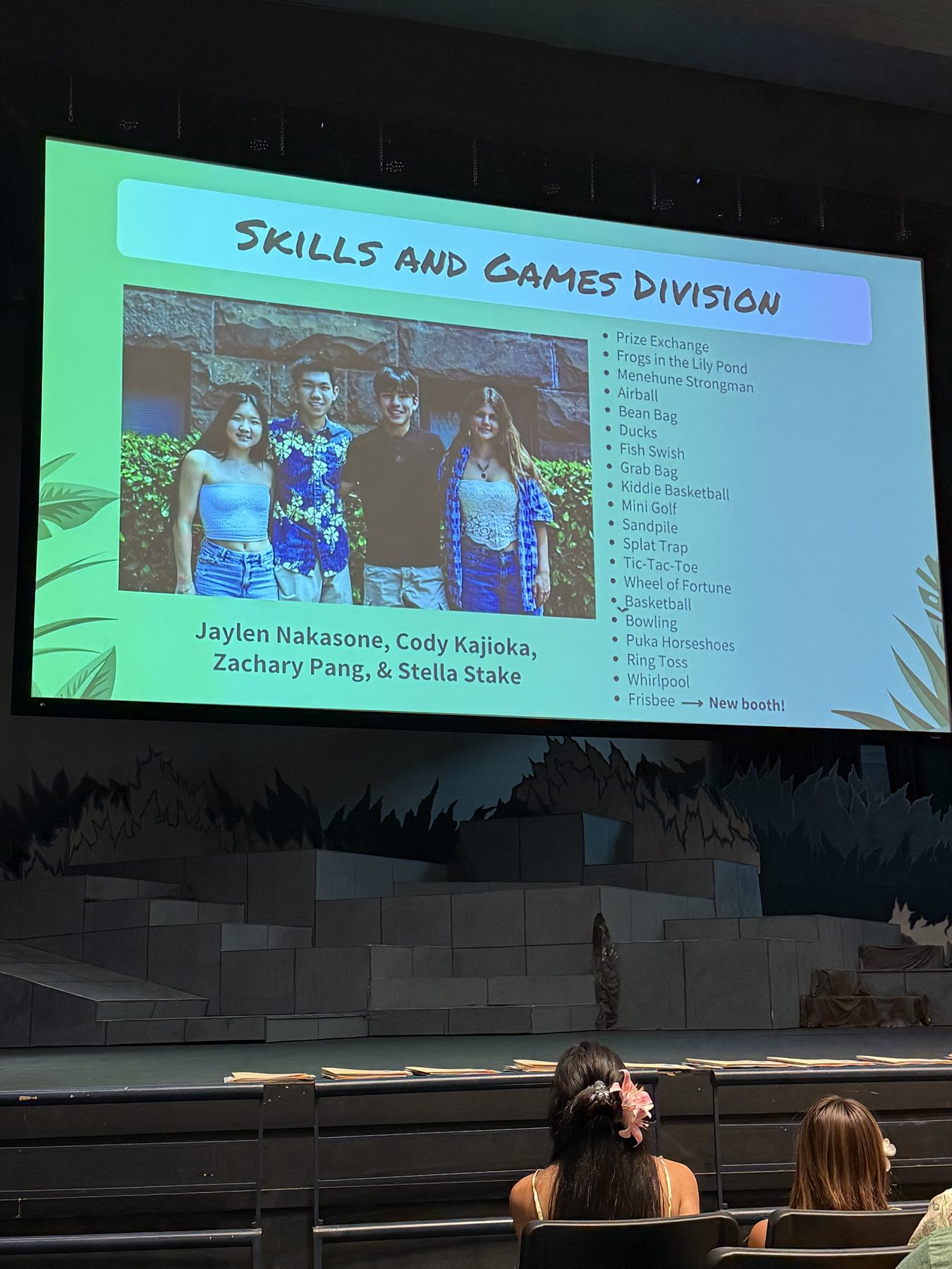 Skills and Games Division slide naming Stella Stake as a Punahou Carnival division head