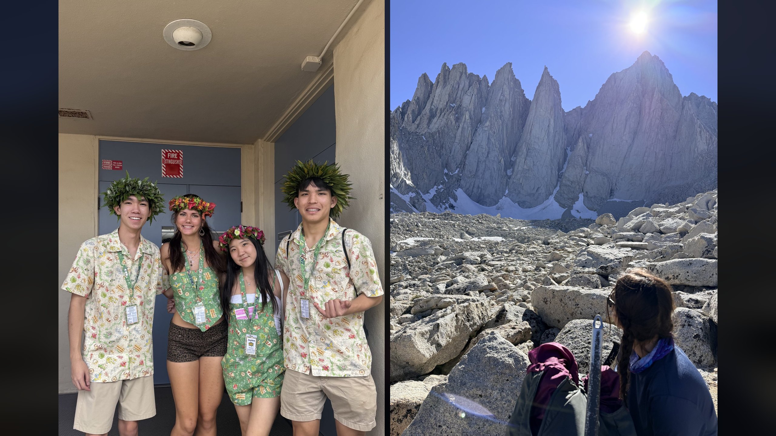 Stella with classmates at Punahou Carnival, beside her looking up at granite peaks on the Mountaineers Route of Mount Whitney