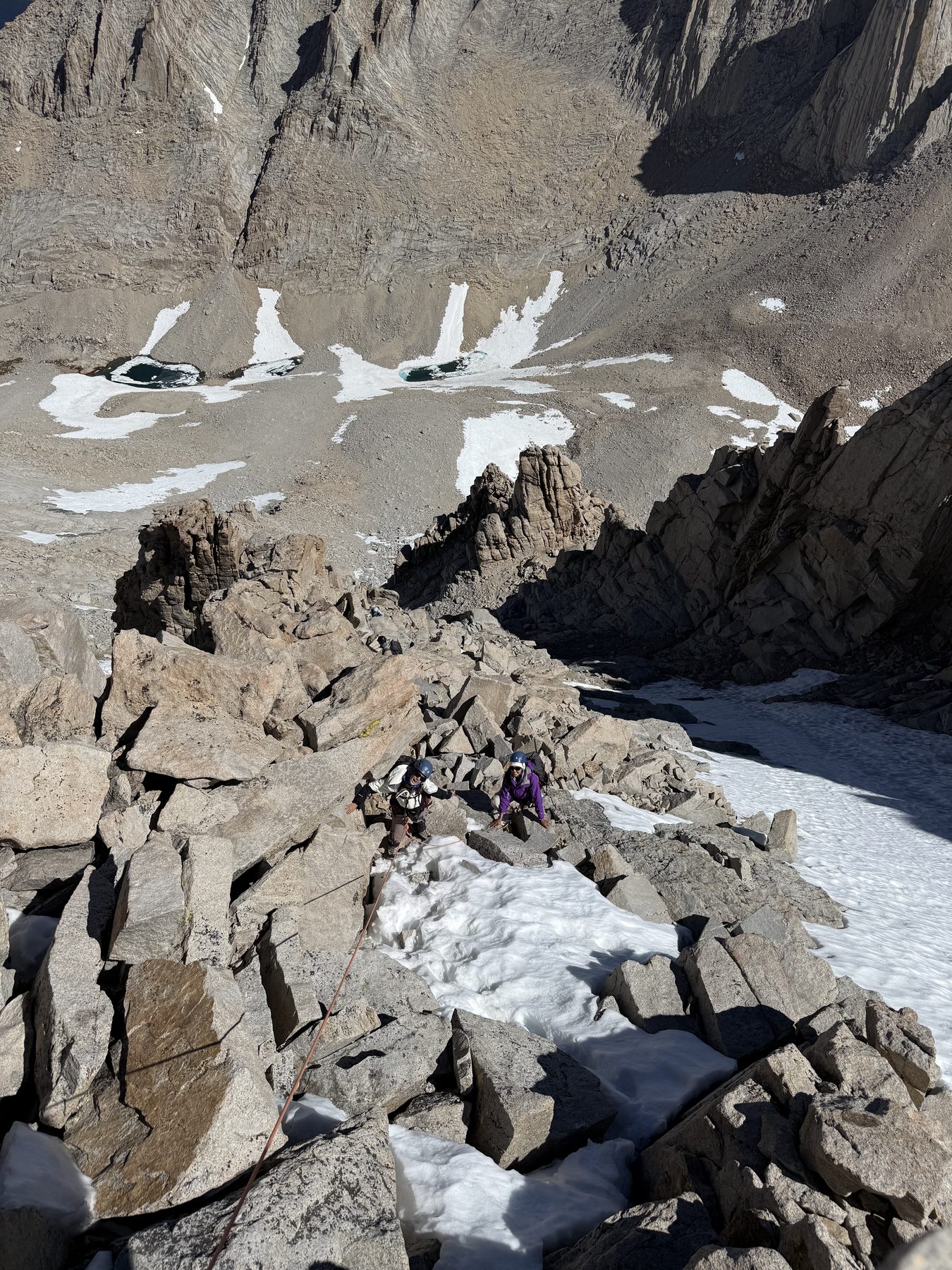 Looking down a steep, rocky Mount Whitney gully during the climb