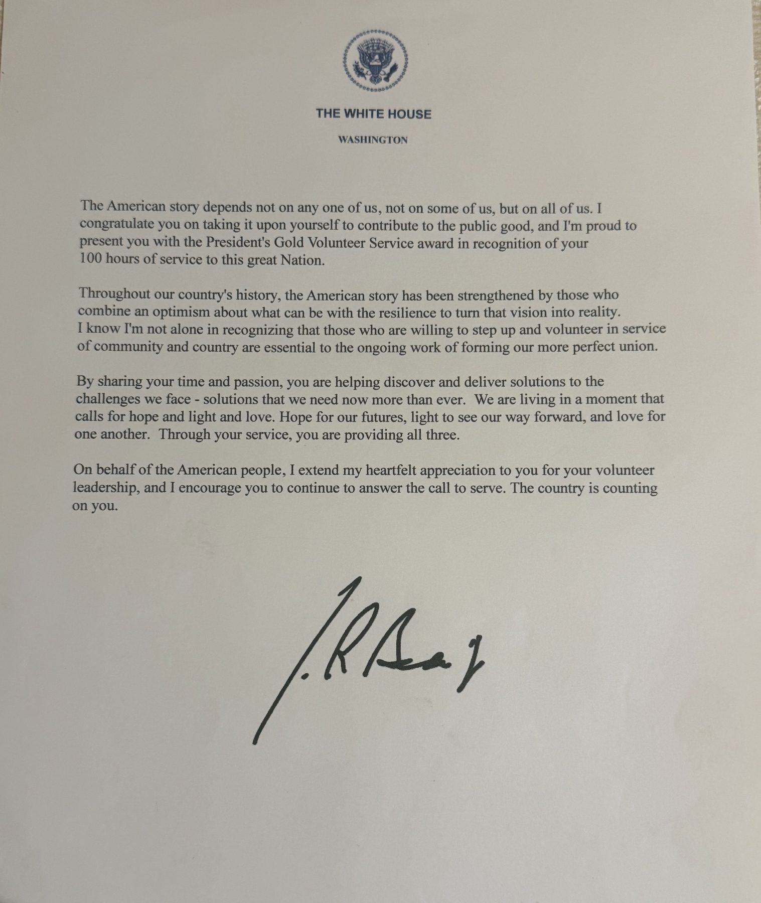 White House letter from President Biden accompanying the Gold Volunteer Service Award