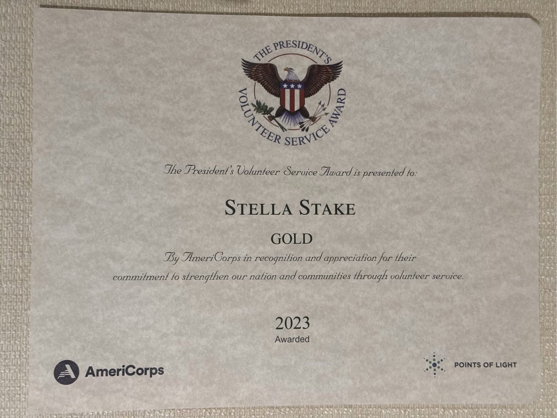 President’s Volunteer Service Award certificate, Gold, presented to Stella Stake in 2023