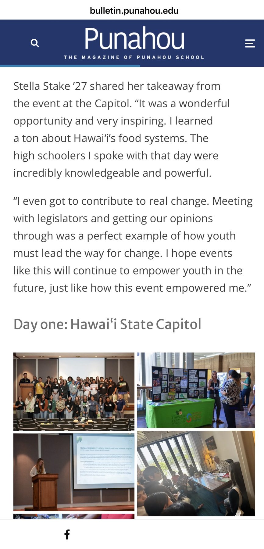 Punahou Bulletin coverage of Stella Stake ’27 at the State Capitol food summit