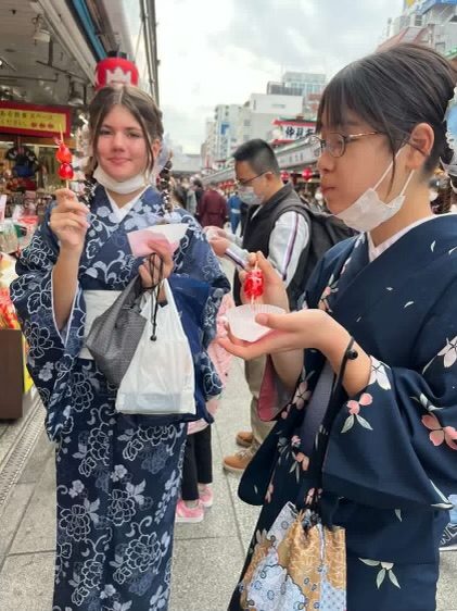 Stella in a yukata at a Tokyo market