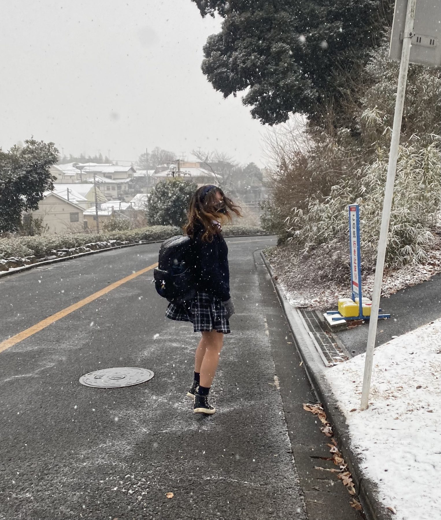 Stella looking back on a snowy road in Chino, Japan